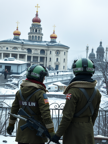 War-torn city in winter, 2 female soldiers portrayed.