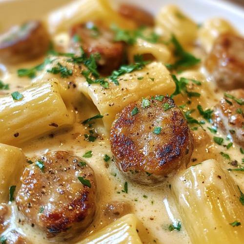 Warm and inviting creamy Alfredo pasta with sausage