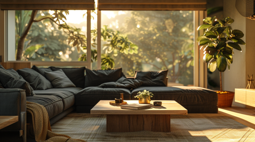 Warm living room with dark sectional sofas, wooden table. Warm living room with dark sectional sofas, wooden table.