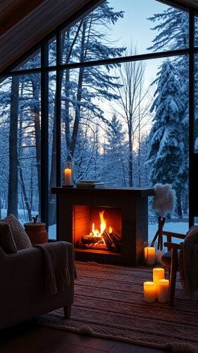 Warm winter evening in cozy forest cabin