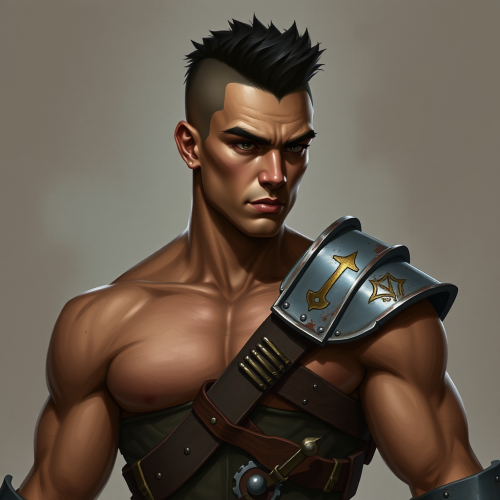 Warrior in half plate armor with buzz cut.