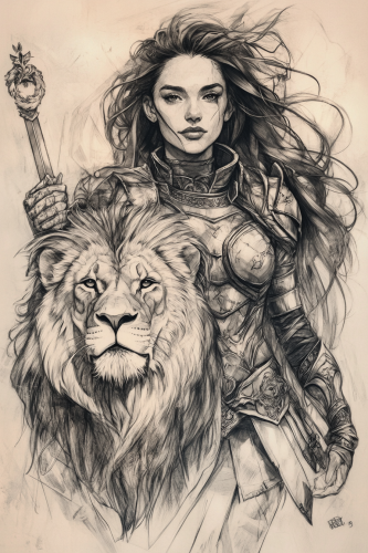 Warrior woman and lion in intricate black tattoo
