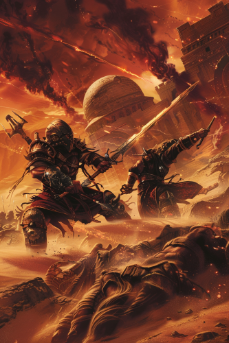 Warriors duel in desert with stormy sky and ruins. Warriors duel in desert with stormy sky and ruins.