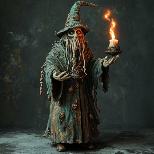 Wax candle wizard with lit wick hair, anthropomorphic. Wax candle wizard with lit wick hair, anthropomorphic.