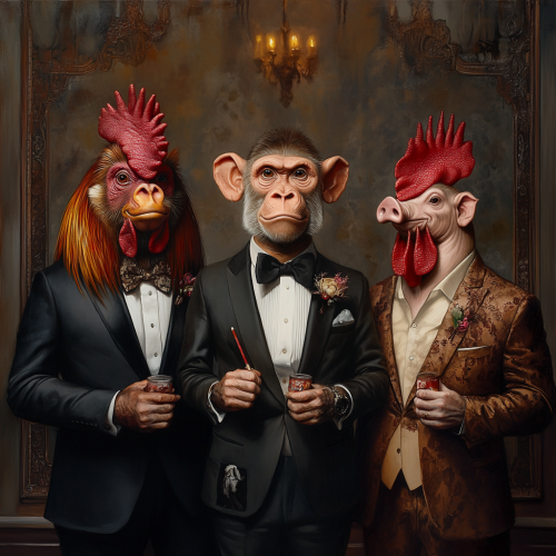Wealthy animals in fancy clothes at luxury party