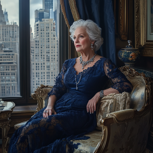 Wealthy older woman in dark blue, classy and rich.
