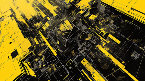 Website developers creating videogame with black and yellow drawing.