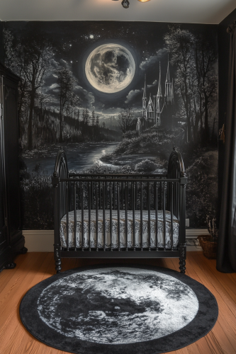 Western Gothic nursery with Midnight Murals theme, black crib.