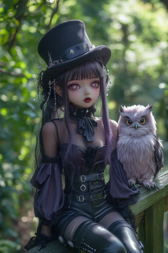 Whimsical, gothic, kawaii style art scene with girl. Whimsical, gothic, kawaii style art scene with girl.