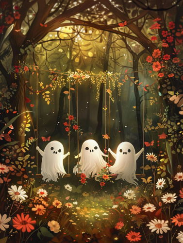 Whimsical Cute Ghosts on Swing in Enchanted Forest