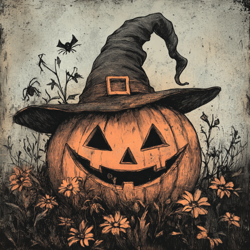 Whimsical Halloween pumpkin with witch’s hat, eerie yet inviting