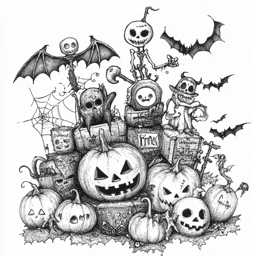 Whimsical Halloween scene with detailed characters and trinkets Whimsical Halloween scene with detailed characters and trinkets