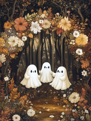 Whimsical Illustration: White Ghosts on Swing in Enchanted Forest