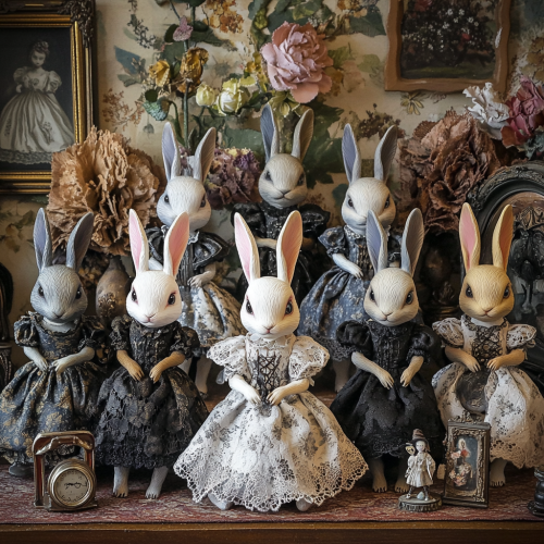 Whimsical Victorian Rabbit Figure Set with Enchanted Background