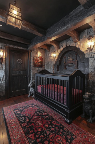 Whimsical Western Gothic nursery with playful gargoyle statues.