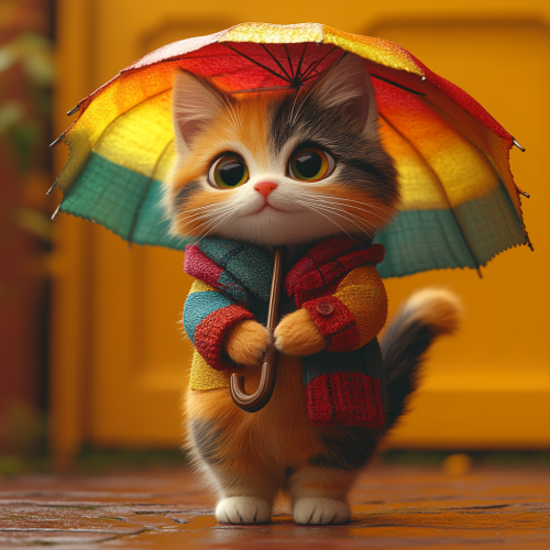 Whimsical calico cat with rainbow umbrella in 3D cartoon style