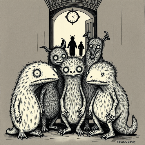 Whimsical monsters in eerie calmness gather together.