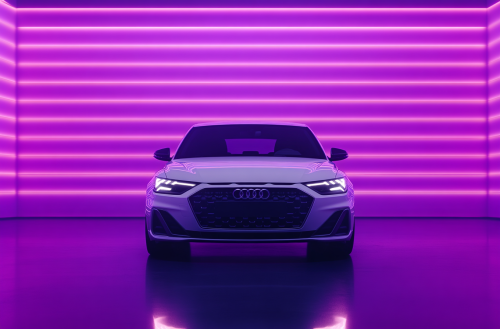 White Audi A1 in front of colorful background