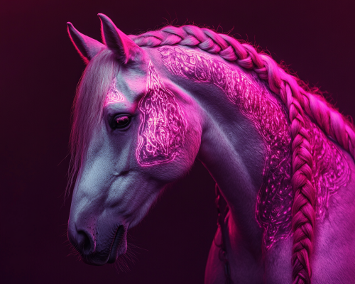 White horse with glowing tattoos on dark background