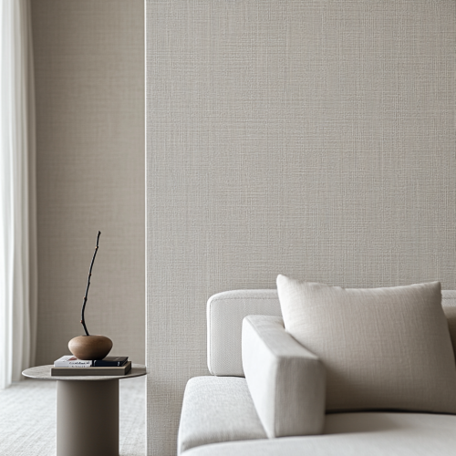 White living room wall with centered wallpaper showcase. Sofa, table with minimalistic object slightly visible.