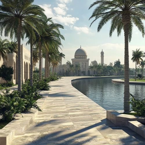 Wide empty park with historical island on river.