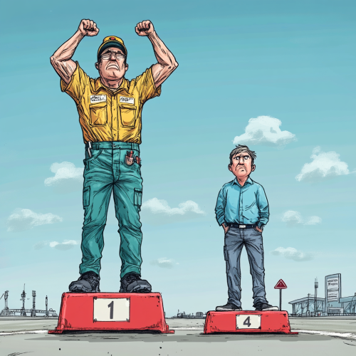 Winner in work clothes on podium, sad expert nearby.