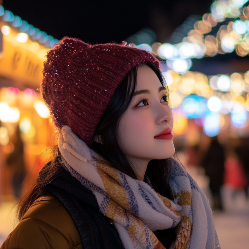 Winter night in a snowy Nordic town, festival square