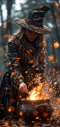 Witch brewing potion in cauldron under night sky
