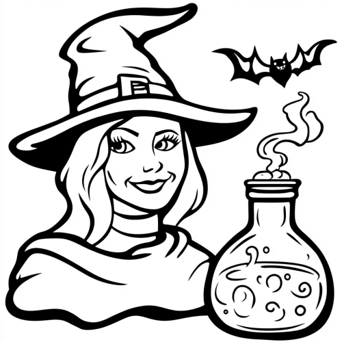 Witch face with hat, potion bottle, flying bat outlines.