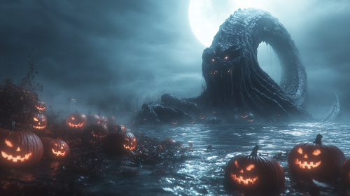 Witch kraken with pumpkins in foggy ocean