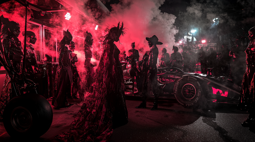 Witches Painting a Halloween Themed Formula One Car