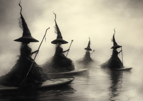 Witches on Boats in Misty Lake