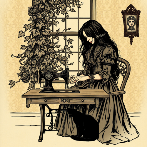 Witchy Woman Sewing Victorian Style with Black Cat