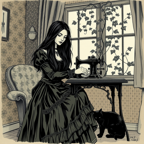 Witchy Woman Sewing with Sleeping Cat