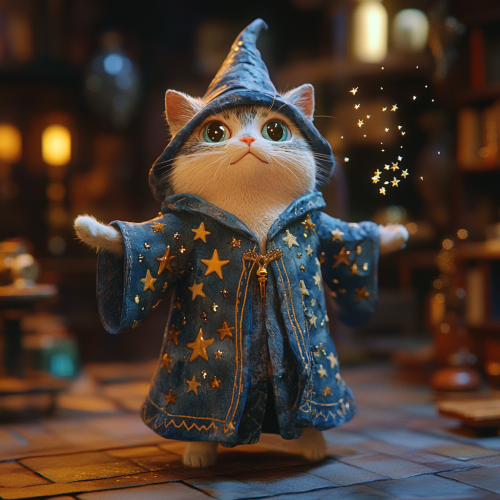 Wizard cat in starry robe floats whimsically. Wizard cat in starry robe floats whimsically.