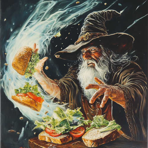 Wizard making magical sandwich with floating ingredients