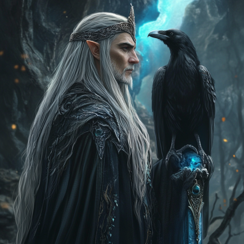 Wizard with elf queen, raven, blue portal, gothic style.