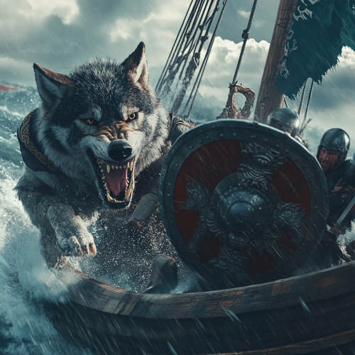 Wolf attacks Viking ship in stormy weather