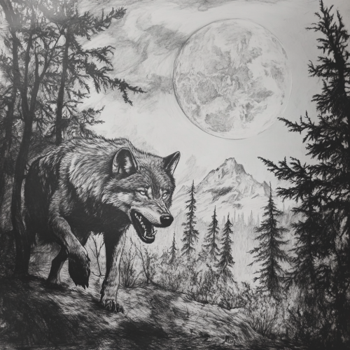 Wolf stalking in forest, moonlit mountain background illustration