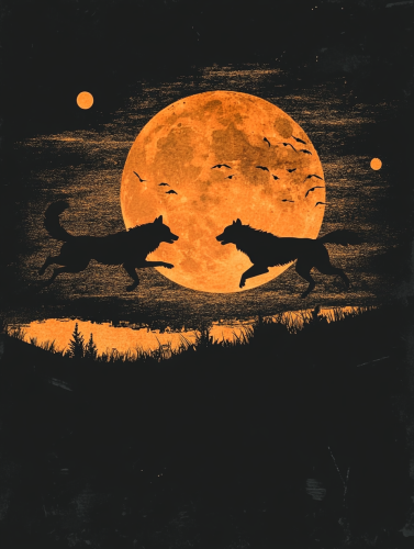 Wolves chasing sun and moon in dark sky