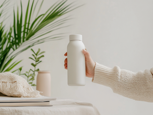 Woman's arm and hand holding white reusable water bottle.