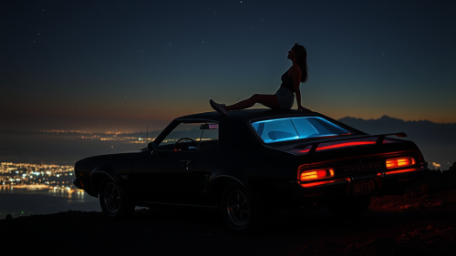 Woman Dreamily Overlooking City on Neon-Lit Car