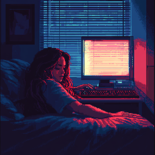 Woman Relaxing in Neon Lit, Film Noir Bedroom