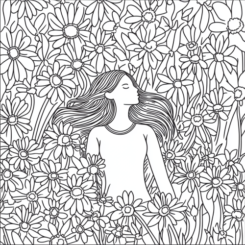 Woman Rests in Daisy Field Coloring Page