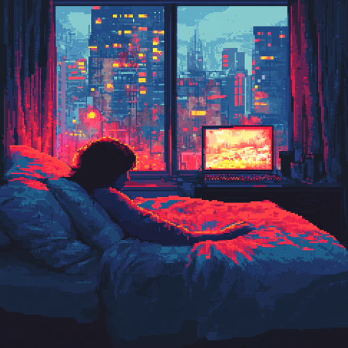 Woman Rests in Neon-Lit, Film Noir Bedroom