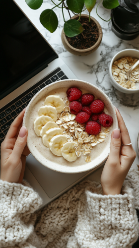 Woman arranging smoothie bowl in cozy breakfast nook