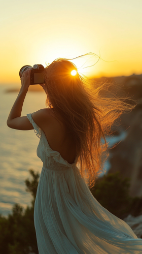 Woman captures sunset on cliff with camera
