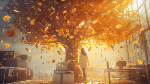 Woman climbing desk tree, golden leaves symbolize success. Woman climbing desk tree, golden leaves symbolize success.