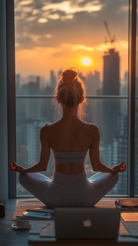 Woman does yoga on balcony