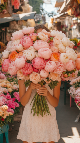 Woman holding colorful bouquet at flower market